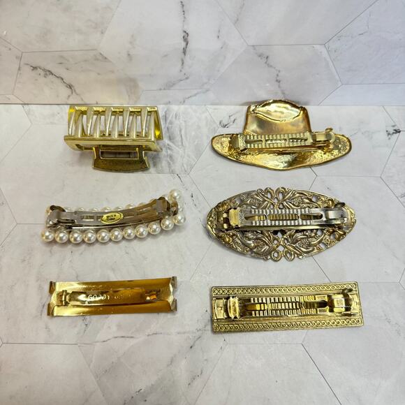 Vintage Goody Hair Barrettes Lot of 6 Gold Tone Metal 1980s Coquette Clip Pearls main image 9